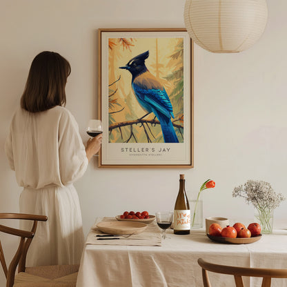 Steller's Jay, Cyanocitta stelleri Poster | Bold Mountain Bird Wall Art — styled in a modern interior
