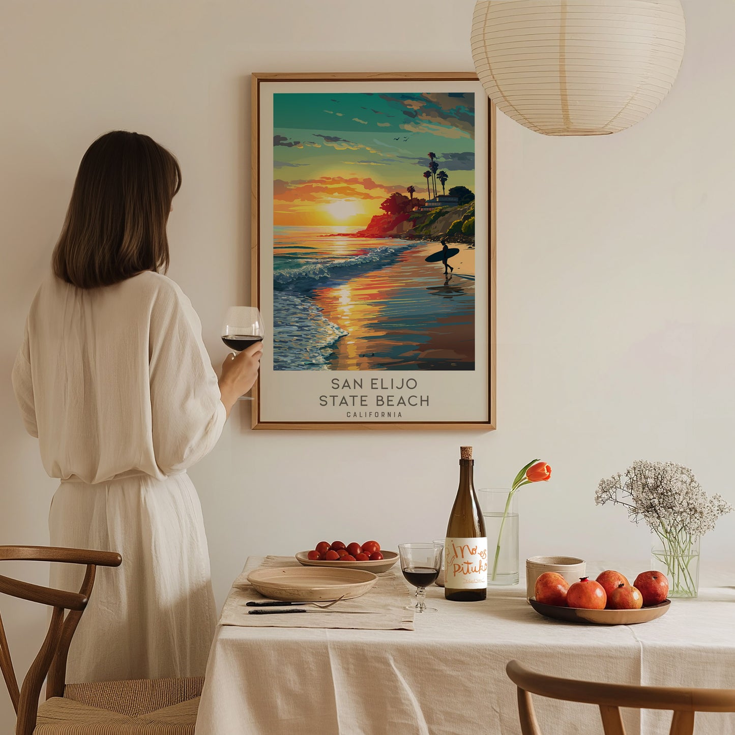 San Elijo State Beach Matte Border Poster | California Travel Wall Art — styled in a modern interior