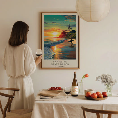 San Elijo State Beach Matte Border Poster | California Travel Wall Art — styled in a modern interior