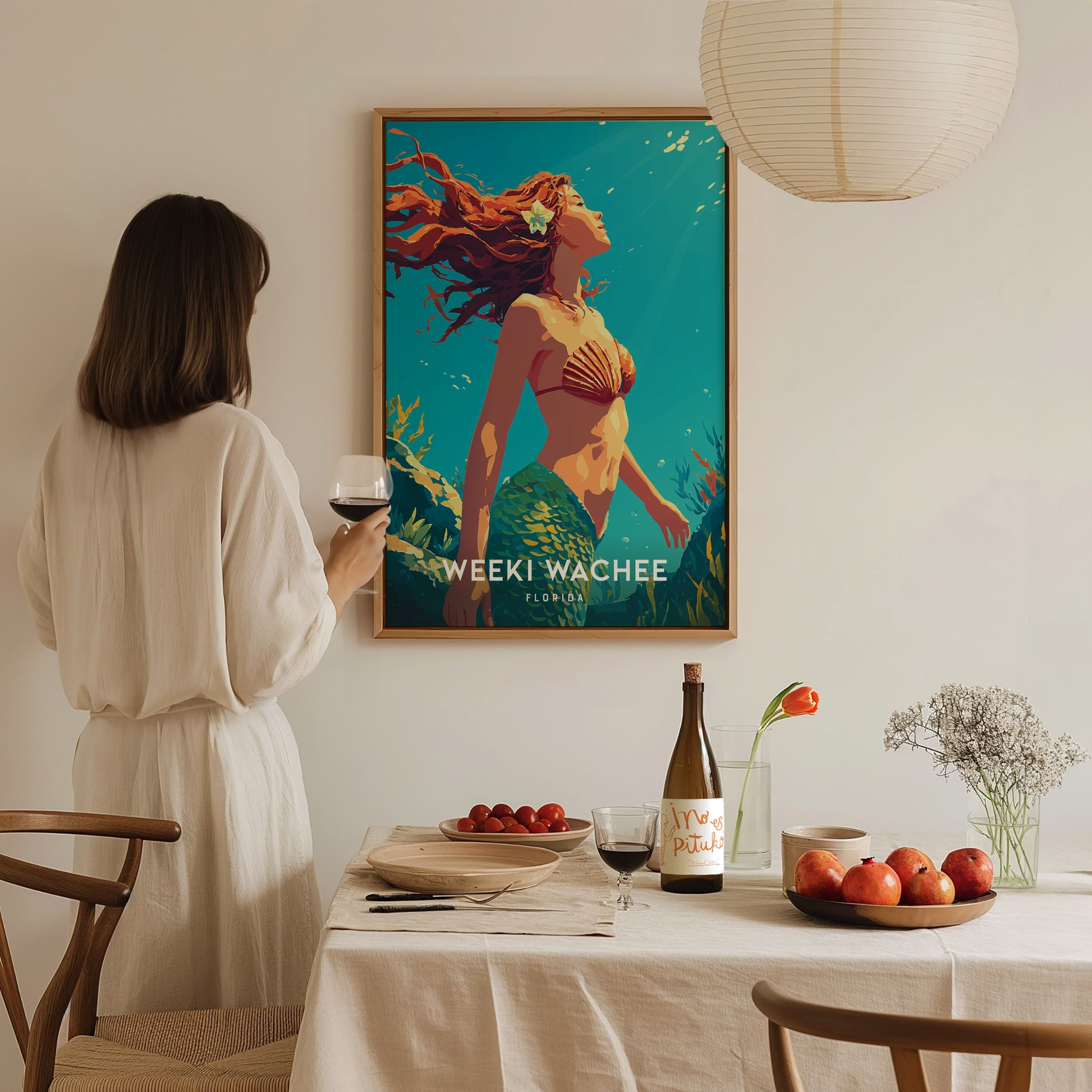 A woman in a white blouse stands sipping wine in a cozy dining area, gazing at a vibrant poster of a mermaid in a lush underwater scene.