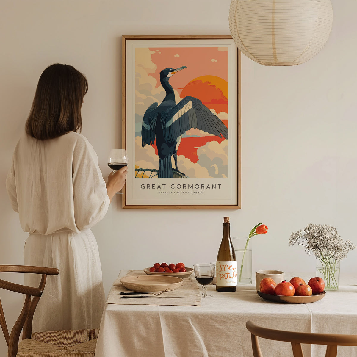 Great Cormorant, Phalacrocorax carbo Poster | Elegant Coastal Bird Wall Art — styled in a modern interior