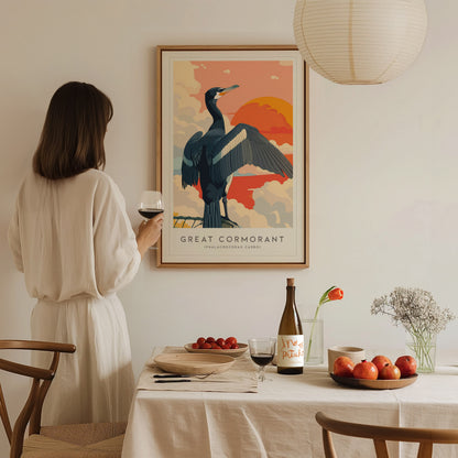 Great Cormorant, Phalacrocorax carbo Poster | Elegant Coastal Bird Wall Art — styled in a modern interior