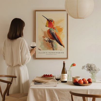Allen's Hummingbird Poster | Jeweled Garden Pollinator Fine Wall Art — styled in a modern interior