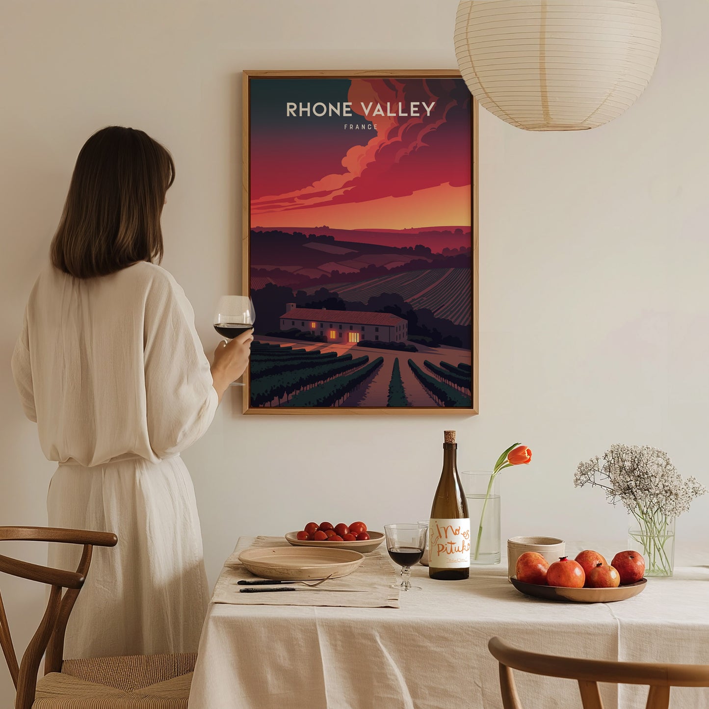 Rhône Valley, France Poster | Vineyard & River Countryside Wall Art — styled in a modern interior