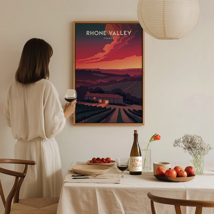 Rhône Valley, France Poster | Vineyard & River Countryside Wall Art — styled in a modern interior