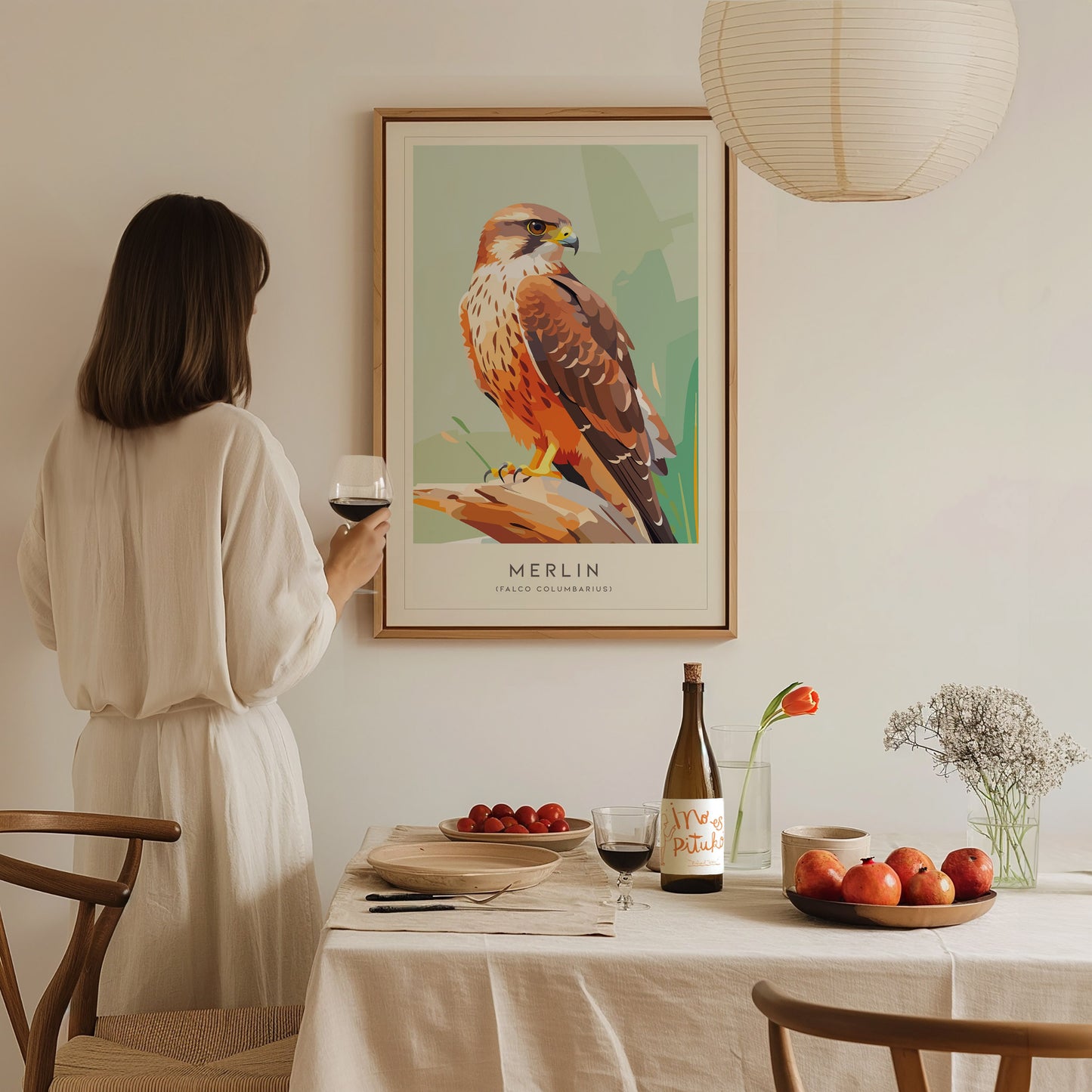 Merlin Bird Poster | Compact Falcon in Flight Wall Art — styled in a modern interior