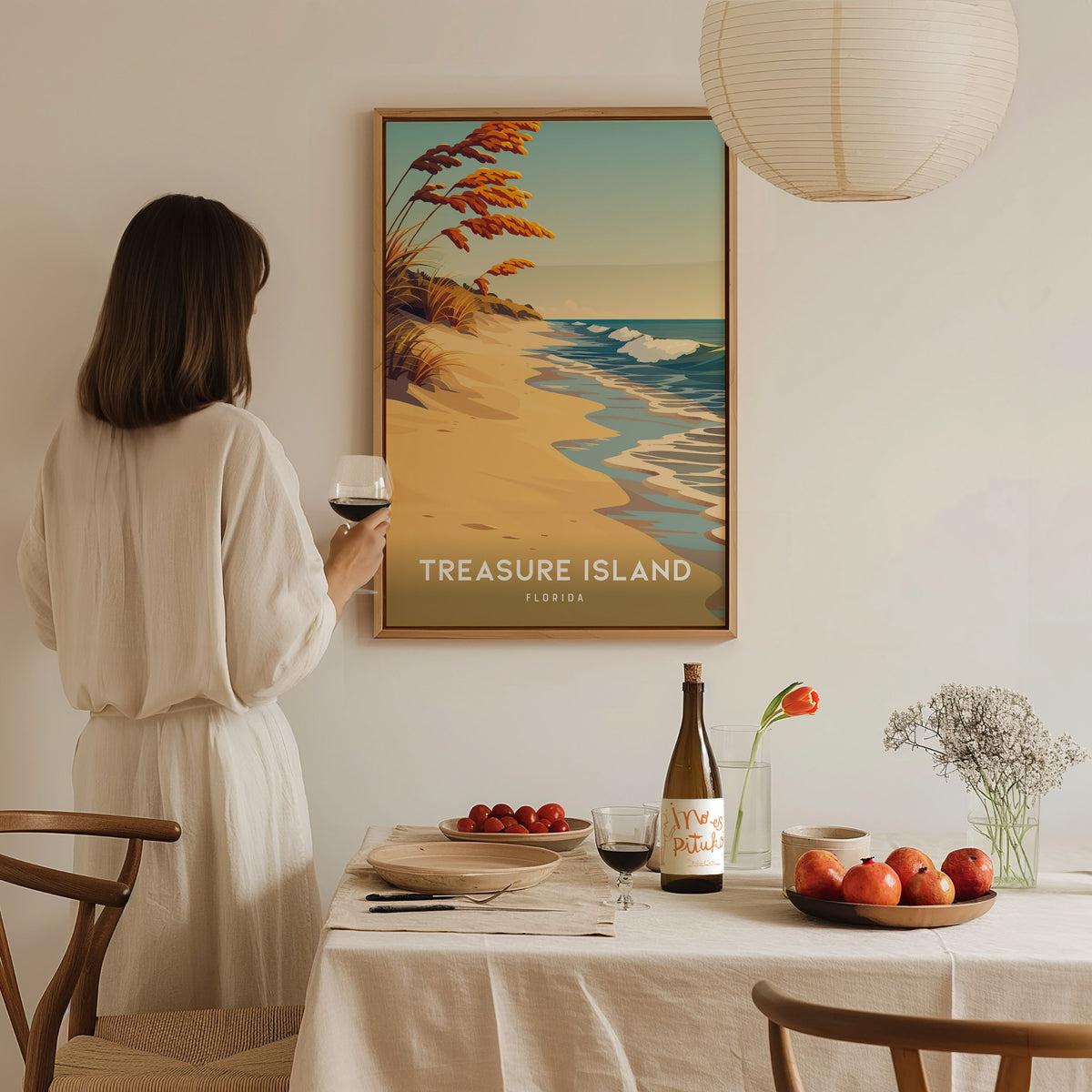 Treasure Island, Florida Poster | Sunset Beach & Lifeguard Tower Wall Art — styled in a modern interior