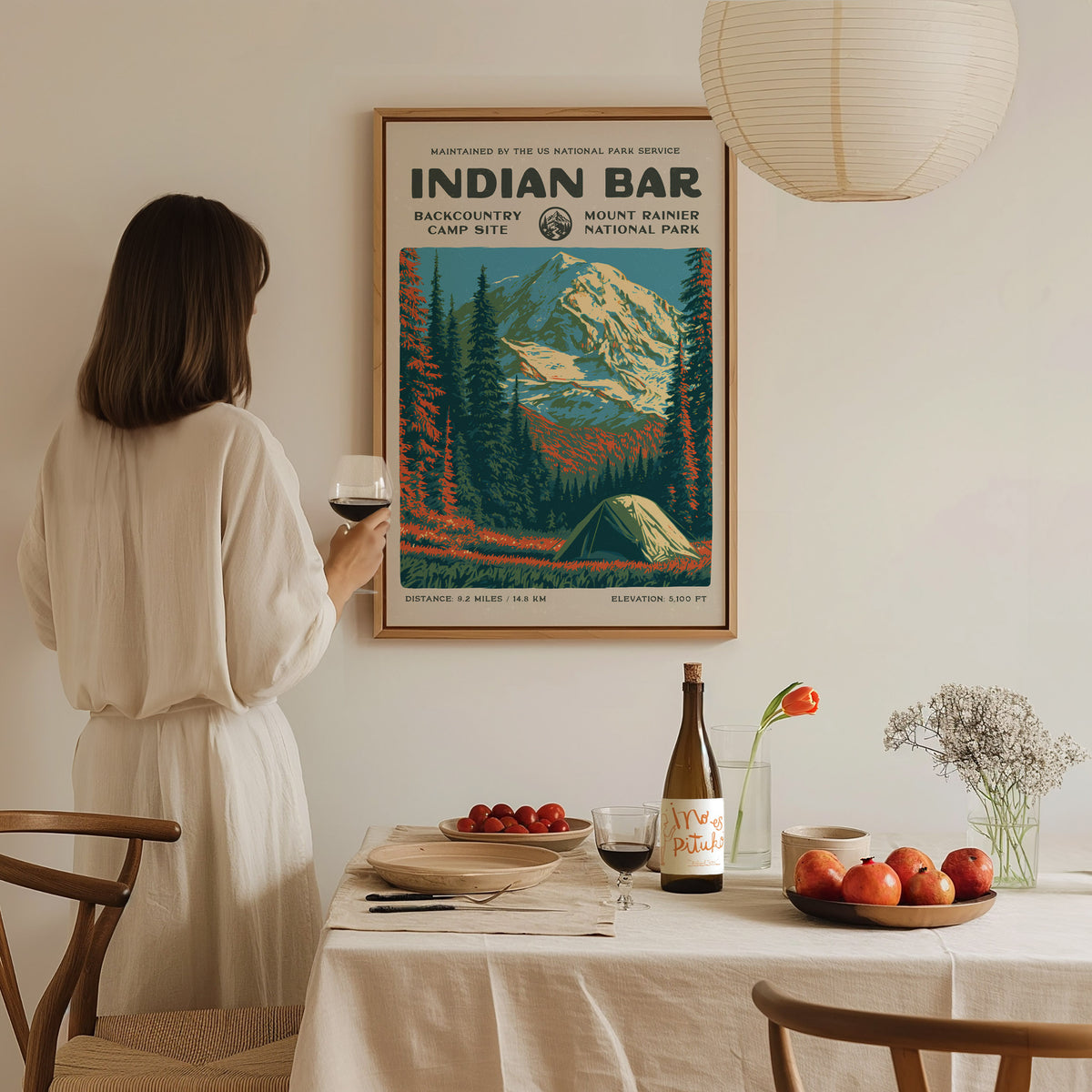 Indian Bar, Mount Rainier National Park Poster | Hiker Gift | Backcountry Trail Wall Art — styled in a modern interior