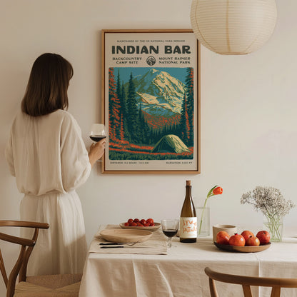 Indian Bar, Mount Rainier National Park Poster | Hiker Gift | Backcountry Trail Wall Art — styled in a modern interior