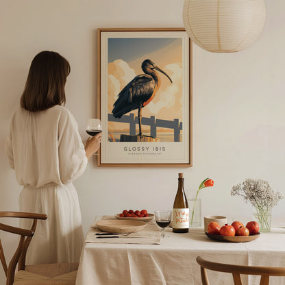 Glossy Ibis Poster | Iridescent Wading Bird Nature Wall Art — styled in a modern interior