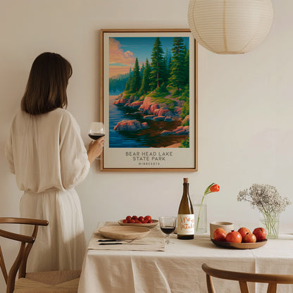 Bear Head Lake State Park Matte Border Poster | Minnesota Destination Print Travel Wall Art — styled in a modern interior