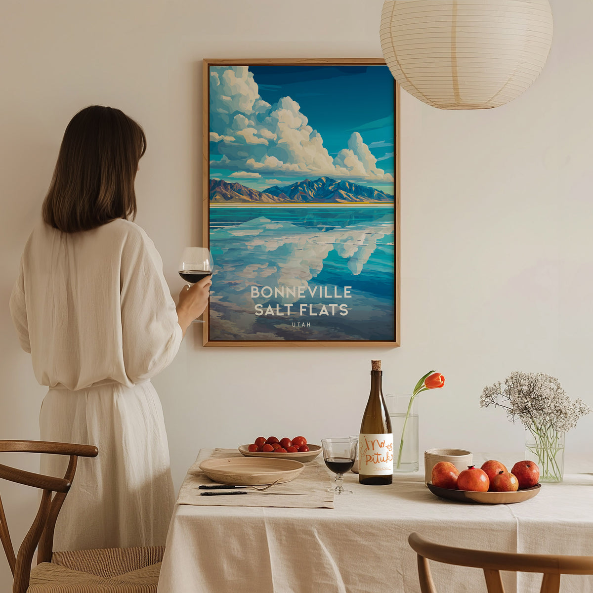 Bonneville Salt Flats, Utah Poster | Vast Desert Horizon Vacation Wall Art — styled in a modern interior