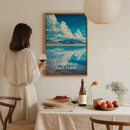 Bonneville Salt Flats, Utah Poster | Vast Desert Horizon Vacation Wall Art — styled in a modern interior