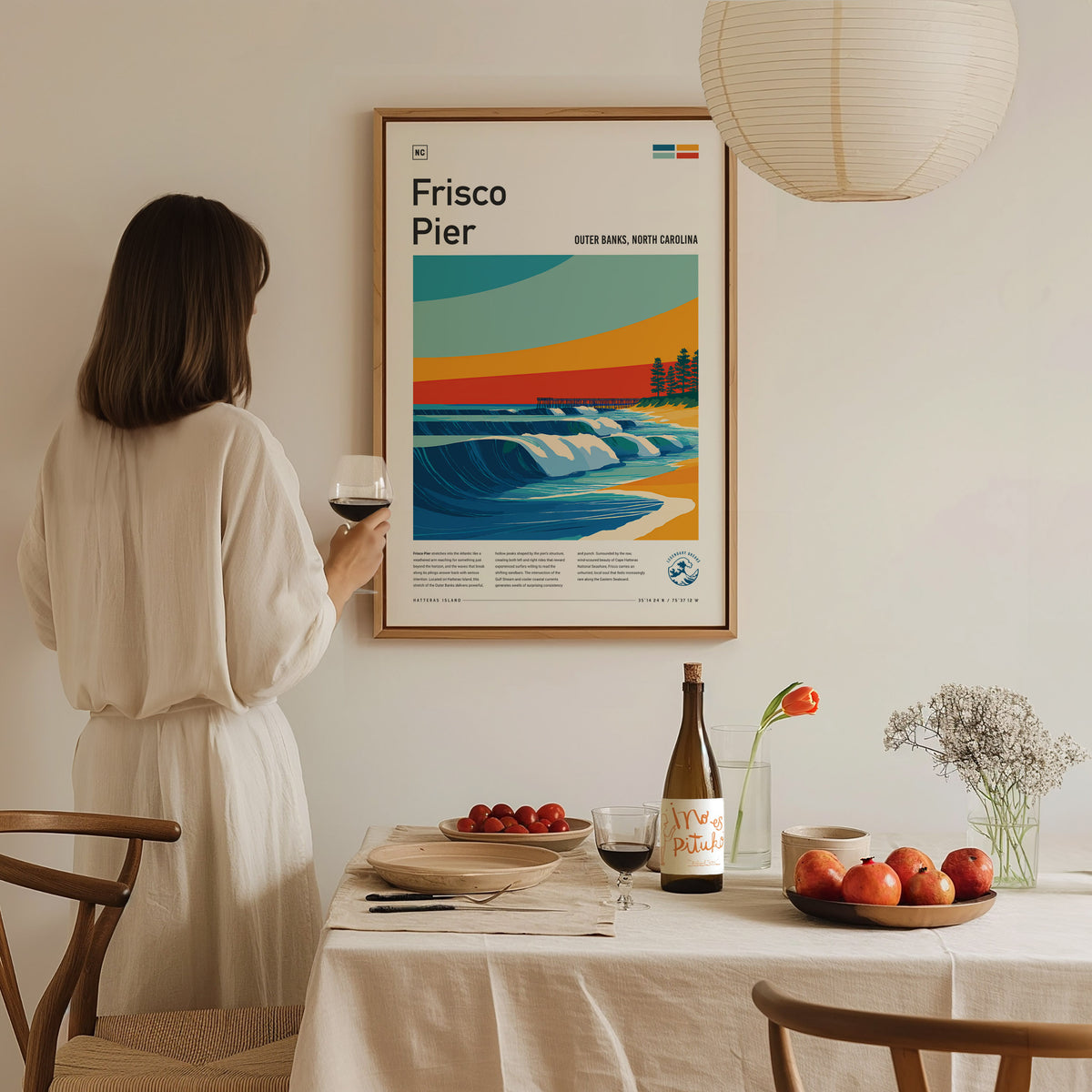 Frisco Pier, Outer Banks, North Carolina Poster | Surf Wall Art & Beach House Decor — styled in a modern interior