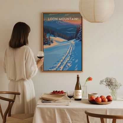 Loon Mountain, New Hampshire Poster | Alpine Ski Lodge Destination Print Wall Art — styled in a modern interior