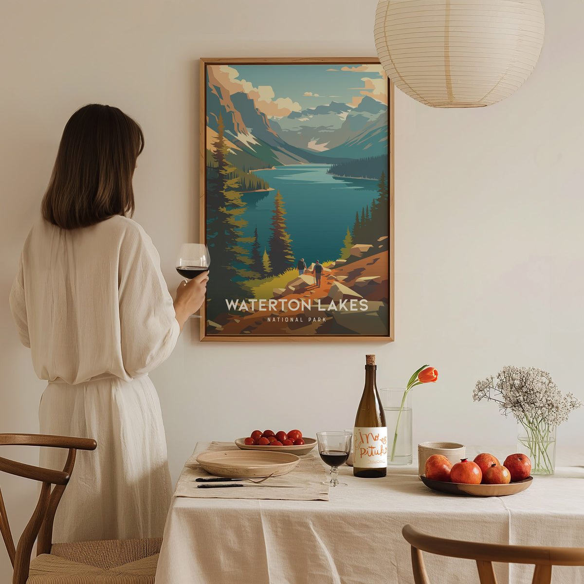 Waterton Lakes, National Park Canada Poster | Mountain Lake Destination Print Wall Art — styled in a modern interior