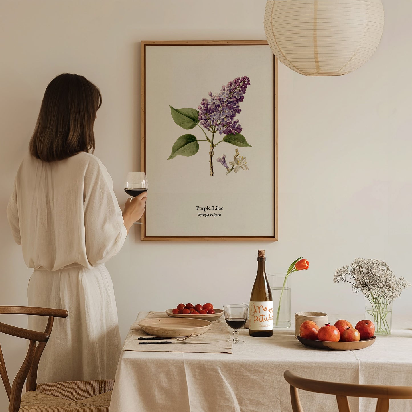Purple Lilac Poster | Vintage Syringa vulgaris Botanical Illustration Wall Art — styled in a modern interior