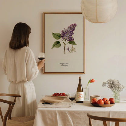 Purple Lilac Poster | Vintage Syringa vulgaris Botanical Illustration Wall Art — styled in a modern interior