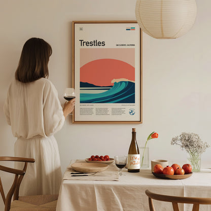 A woman in a white dress holds a glass of wine while looking at a framed Trestles surf poster on the wall.