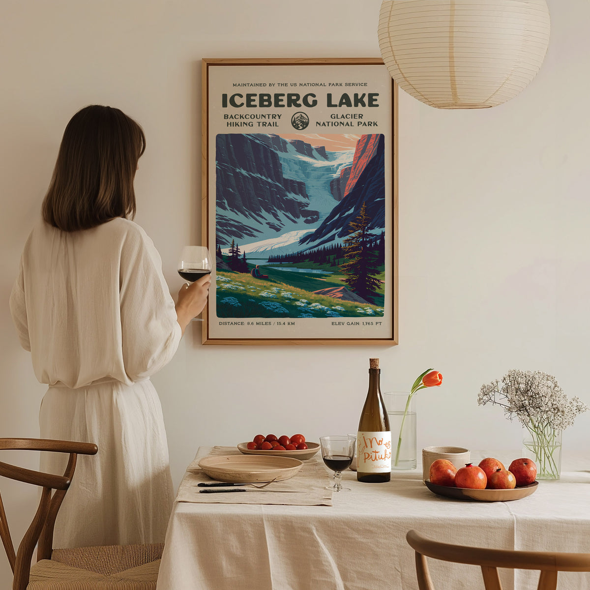 Iceberg Lake, Glacier National Park Poster | Hiker Gift | Backcountry Trail Wall Art — styled in a modern interior