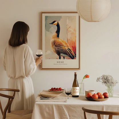 Nene (Hawaiian Goose), Hawaii Poster | Tropical Wildlife & Volcano Island Wall Art — styled in a modern interior