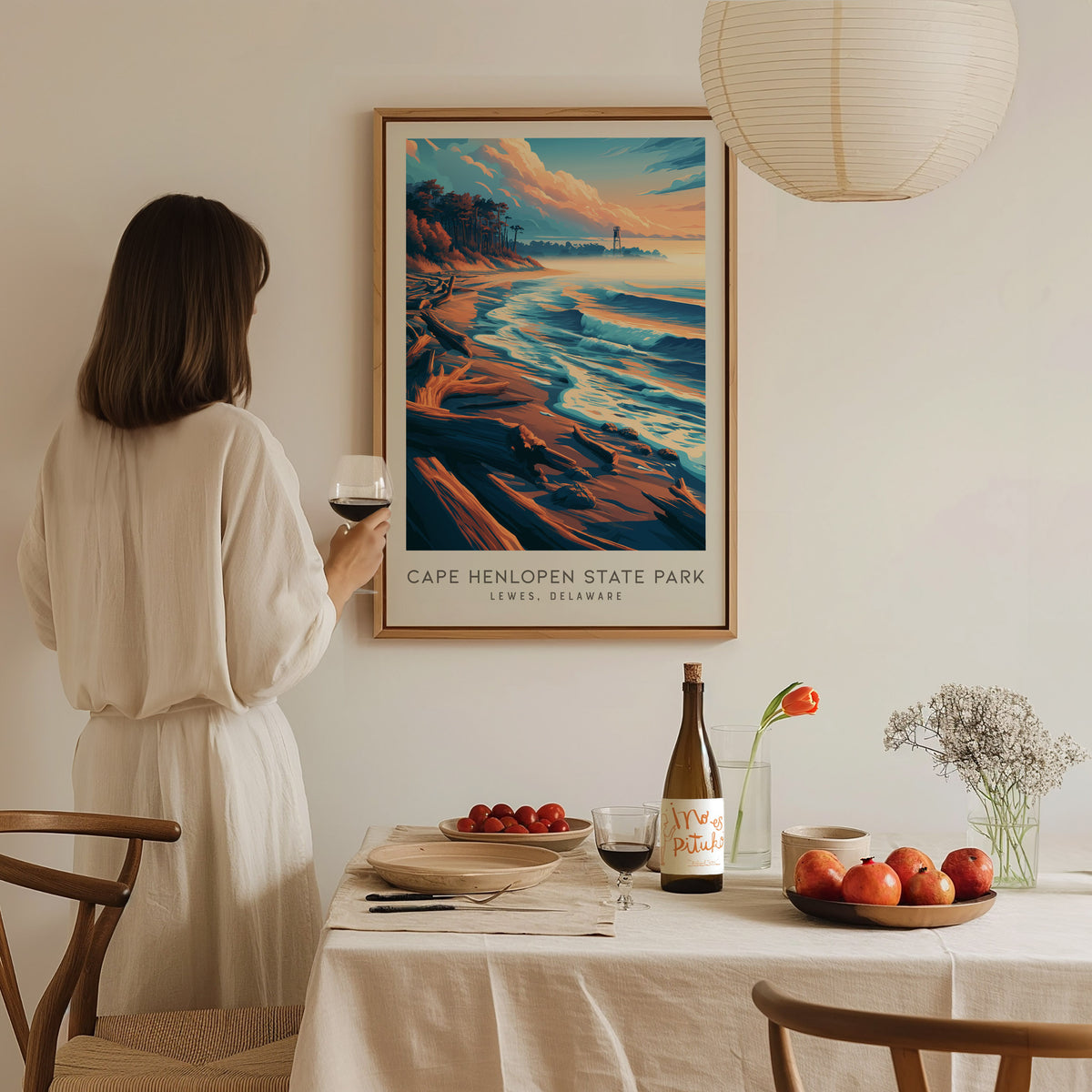 Cape Henlopen State Park Matte Border Poster | Lewes, Delaware Travel Wall Art — styled in a modern interior