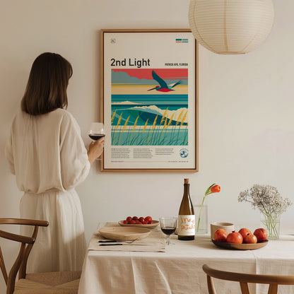 2nd Light, Florida Poster | Golden Surf Break Sunrise Wall Art — styled in a modern interior