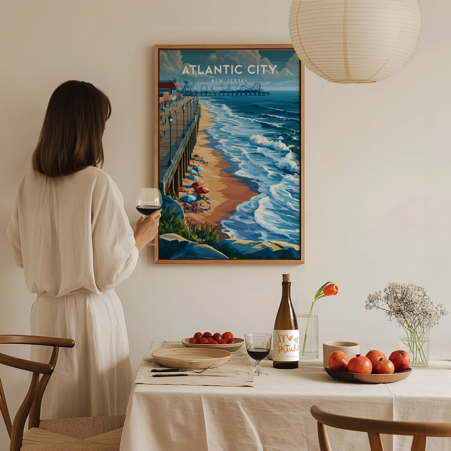 Atlantic City, New Jersey Poster | Boardwalk & Steel Pier Coastal Wall Art — styled in a modern interior