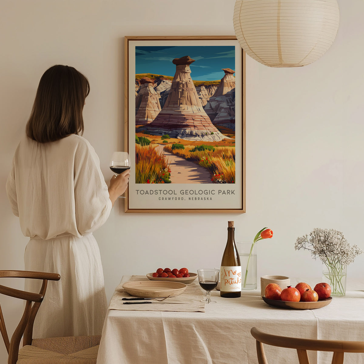 Toadstool Geologic Park Matte Border Poster | Crawford, Nebraska Travel Wall Art — styled in a modern interior
