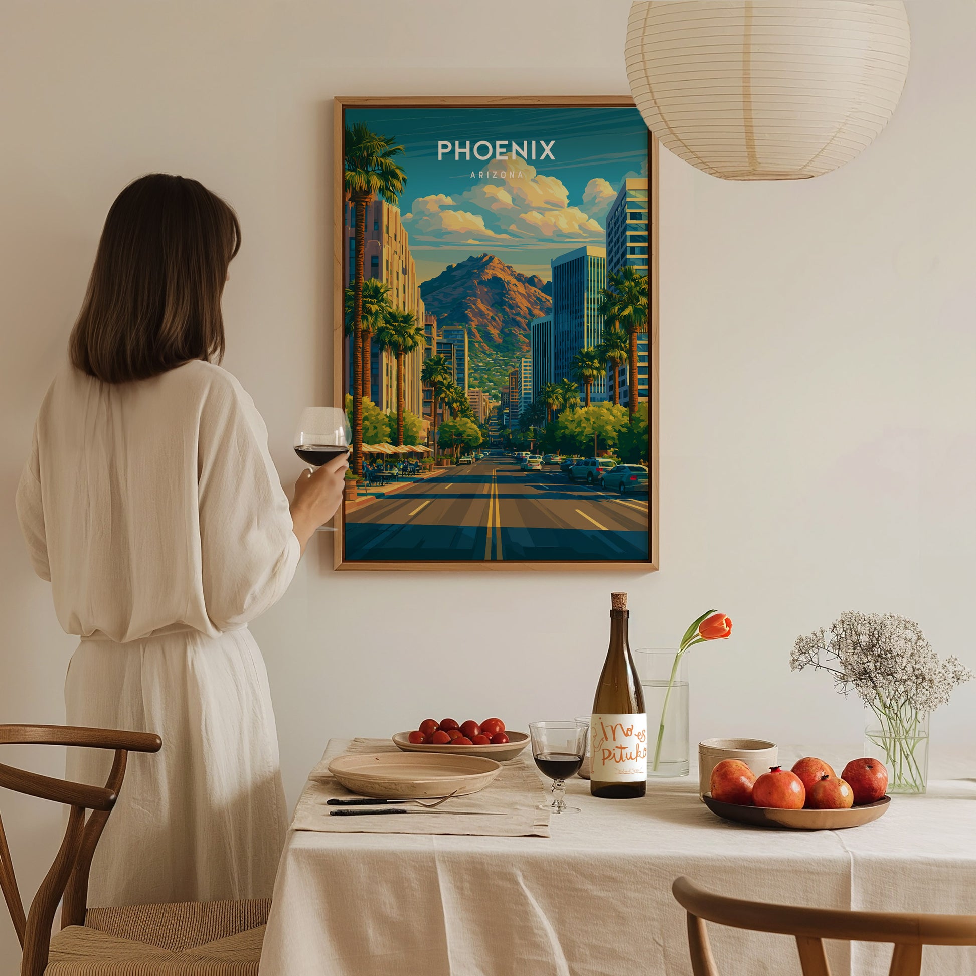 Phoenix, Arizona Poster | Desert Skyline & Saguaro Sunset Wall Art — styled in a modern interior