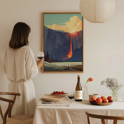 Yosemite Framed poster of Horsetail Fall with a sunset, titled 'Firefall', on a white wall.