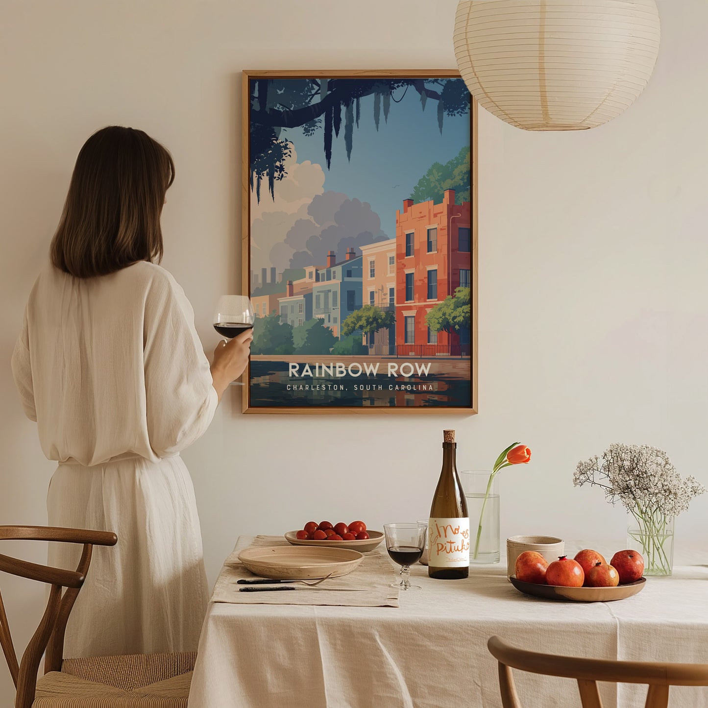 Rainbow Row, Charleston Poster | Colorful Historic Homes Coastal Wall Art — styled in a modern interior