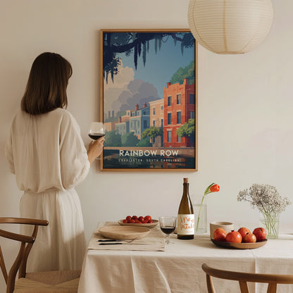 Rainbow Row, Charleston Poster | Colorful Historic Homes Coastal Wall Art — styled in a modern interior