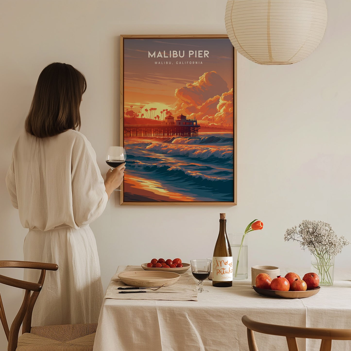 Malibu Pier, California Poster | Golden Coast Sunset Vibes Wall Art — styled in a modern interior