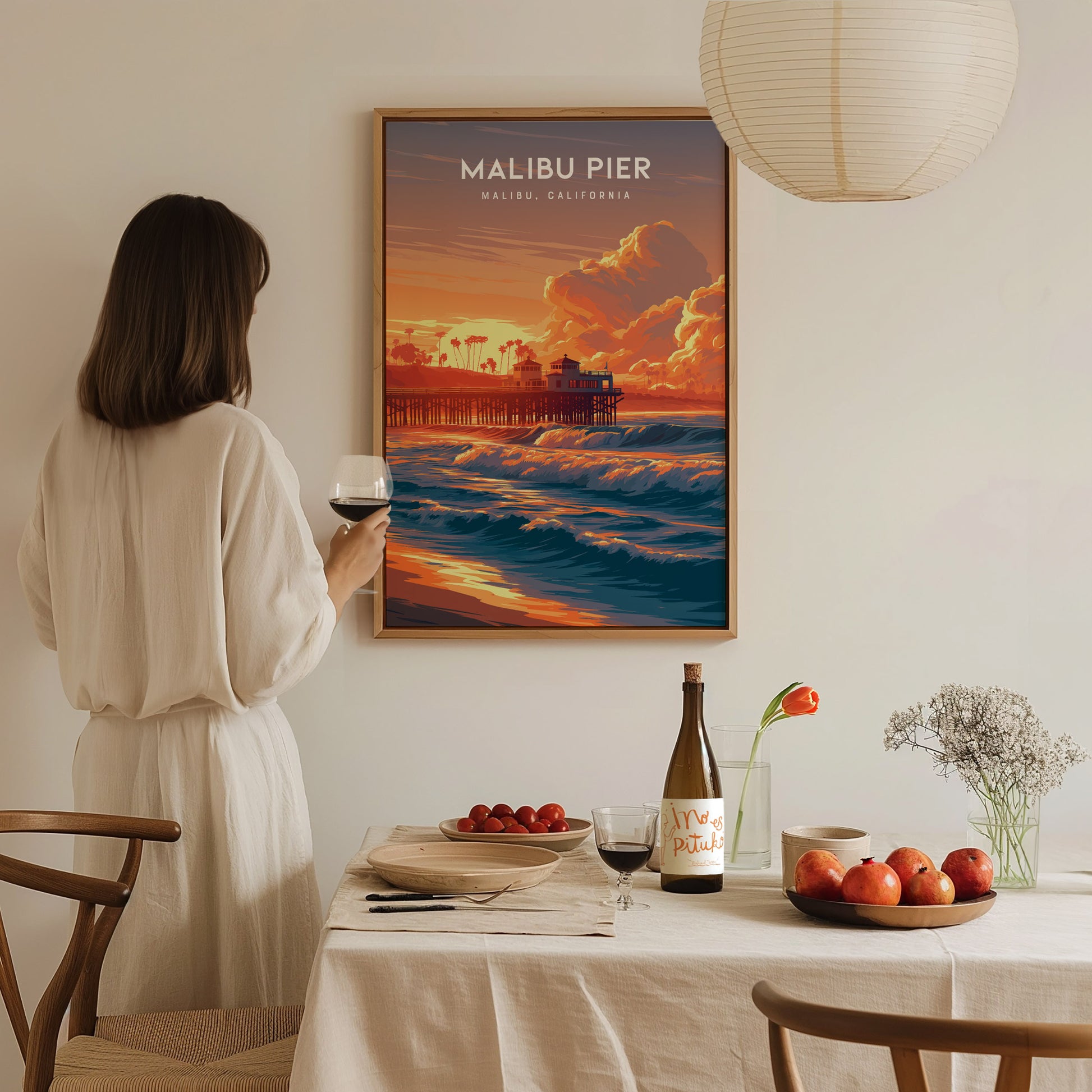 Malibu Pier, California Poster | Golden Coast Sunset Vibes Wall Art — styled in a modern interior