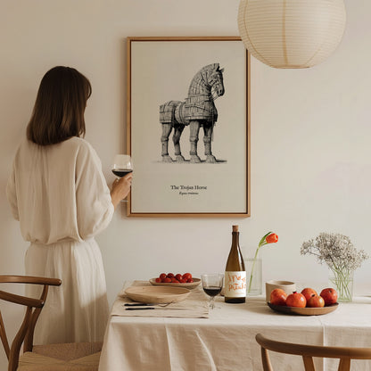 The Trojan Horse Poster | Equus Troianus Pen and Ink Print Vintage Scientific Illustration Wall Art — styled in a modern inte