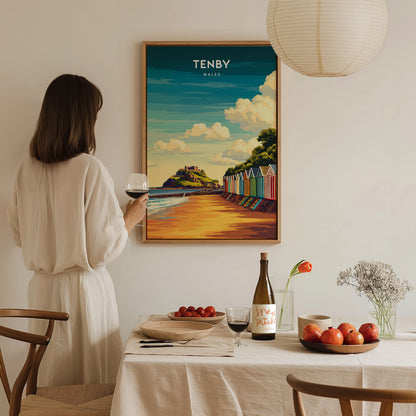 Tenby, Wales Poster | Pastel Harbour & Coastal Cliffs Wall Art — styled in a modern interior