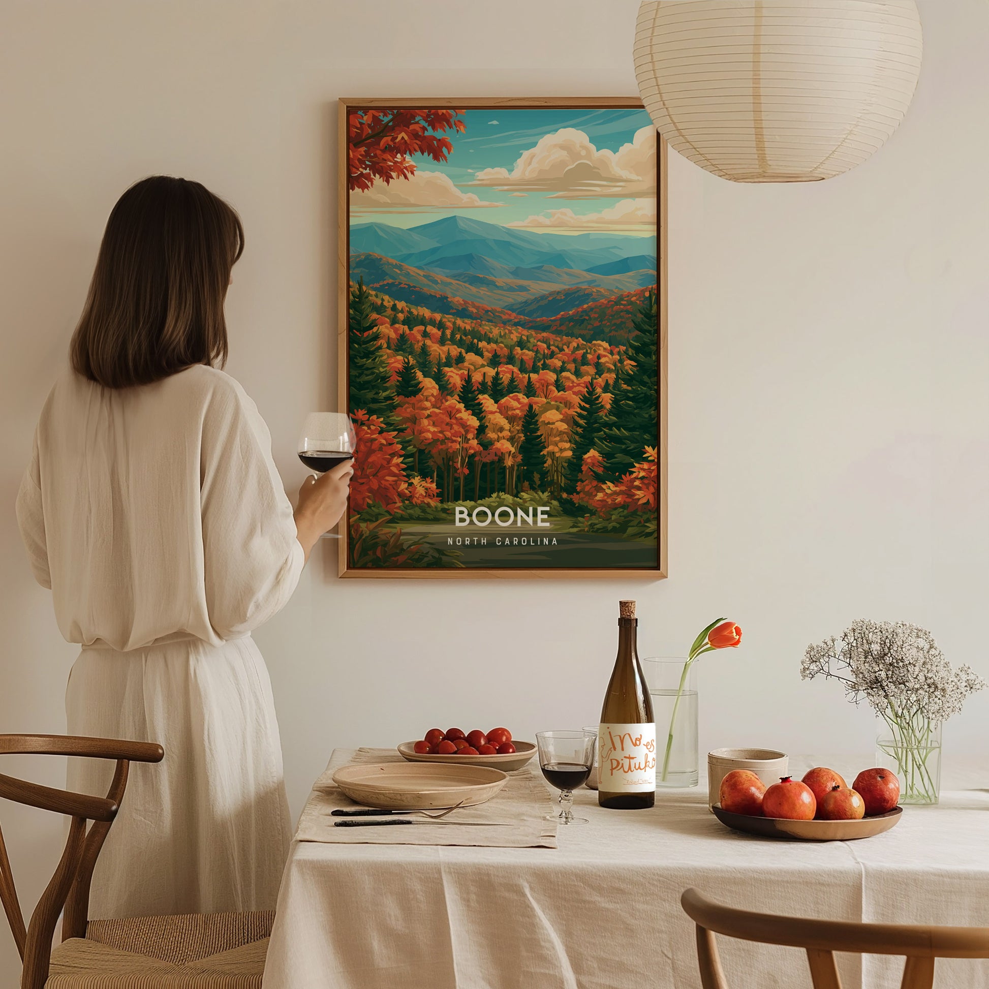 Boone, North Carolina Poster | Blue Ridge Mountain Charm Wall Art — styled in a modern interior