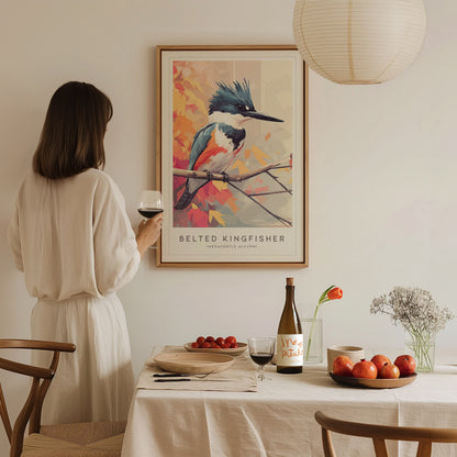 A woman in a light-colored outfit stands at a dining table, holding a glass of wine, while gazing at a colorful art print of a Belted Kingfisher hanging on the wall. The table is set with food and a bottle, creating a cozy atmosphere.