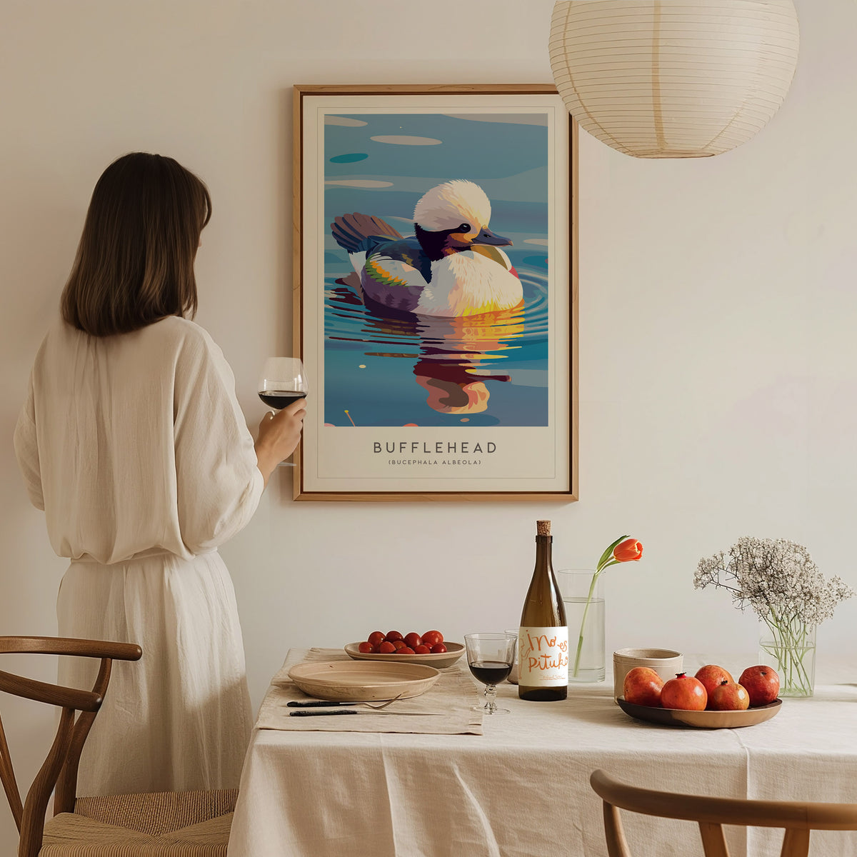 Bufflehead, Bucephala albeola Poster | Diving Duck Wildlife Print Wall Art — styled in a modern interior