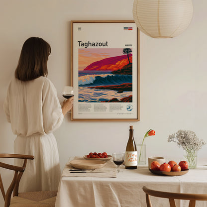 Taghazout, Morocco Poster | Sun-Kissed Surf Village Wall Art — styled in a modern interior