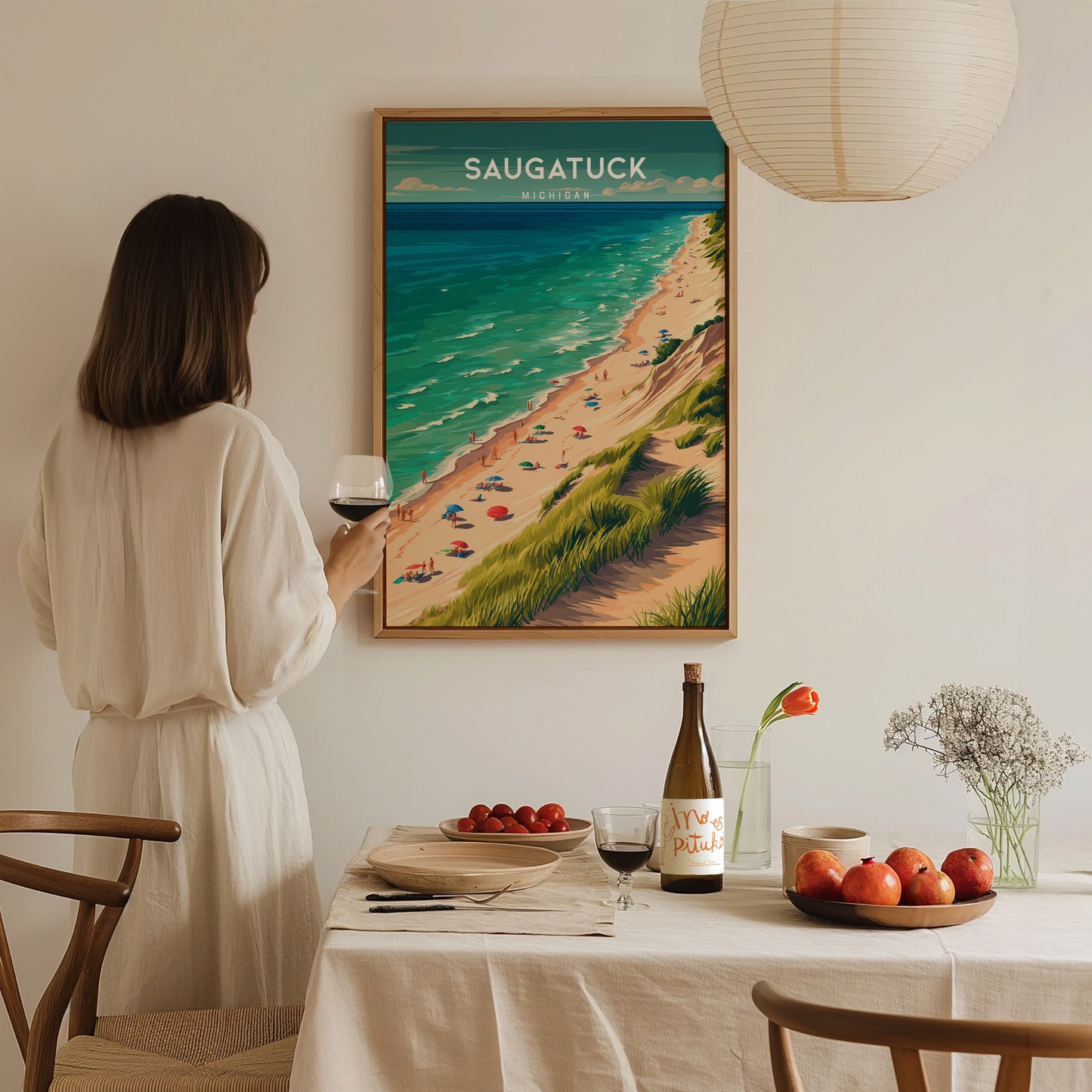 Saugatuck, Michigan Poster | Lakeside Dunes & Harbor Village Wall Art — styled in a modern interior
