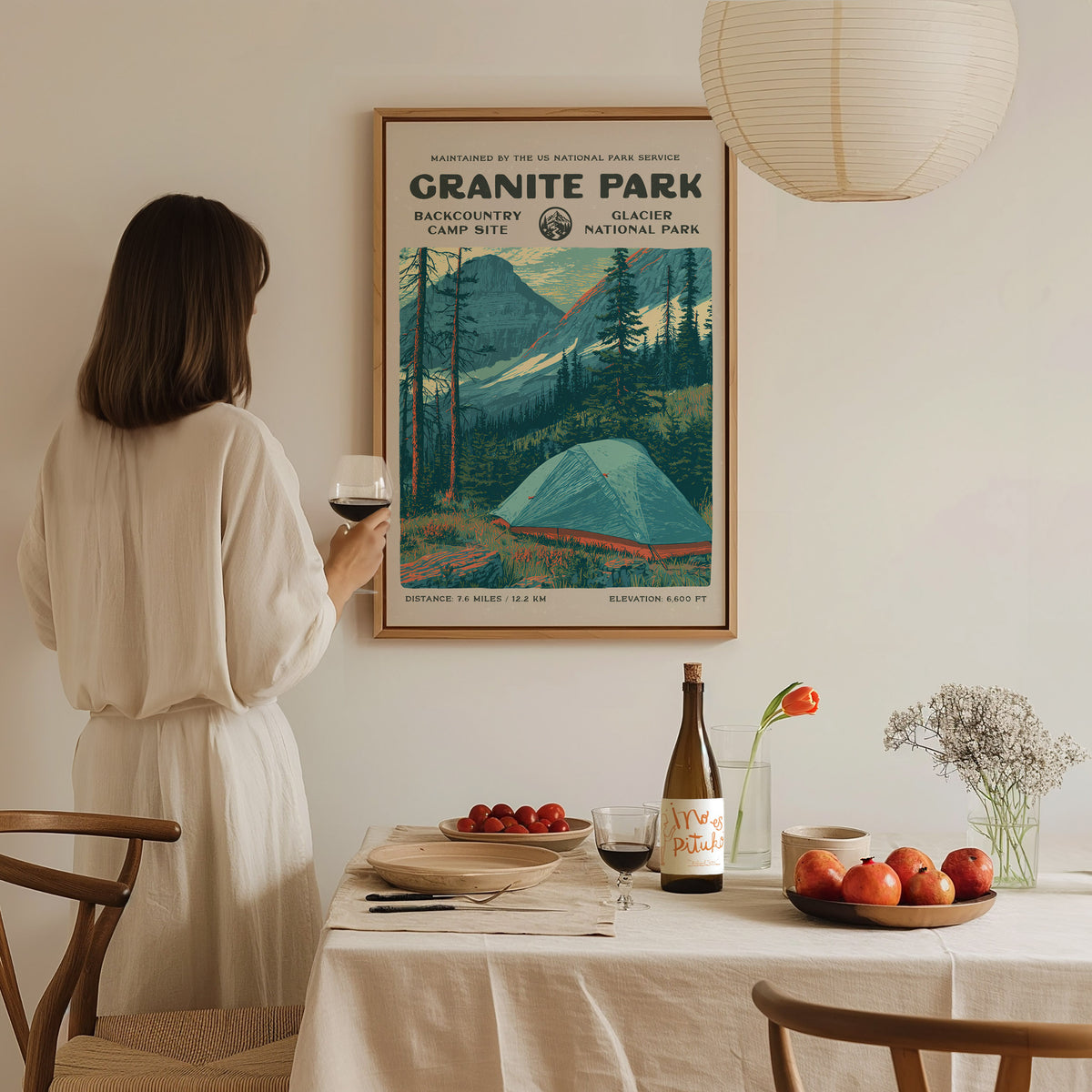 Granite Park, Glacier National Park Poster | Hiker Gift | Backcountry Trail Wall Art — styled in a modern interior