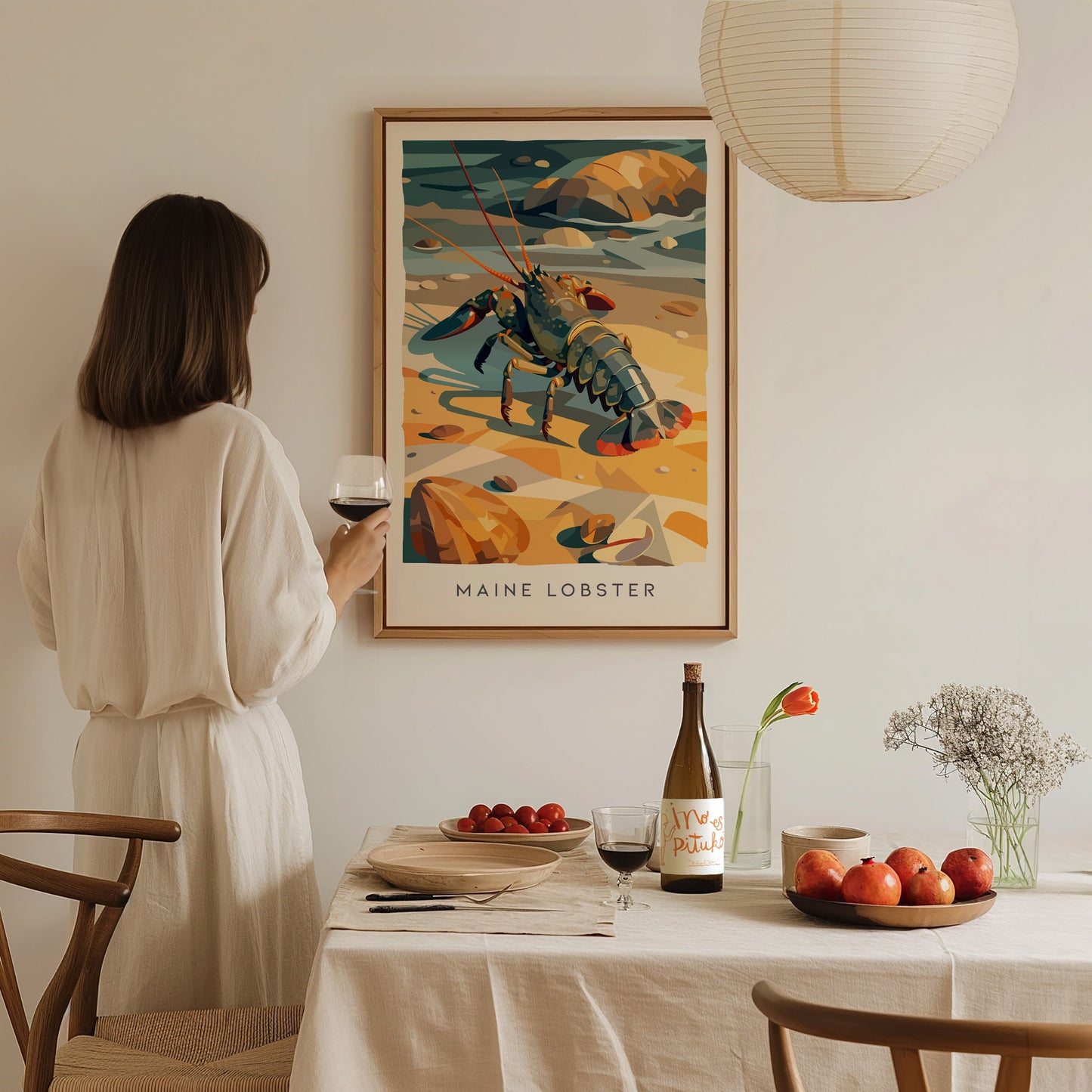 Maine Lobster Poster | Rugged Coast Lobster Wildlife Wall Art — styled in a modern interior