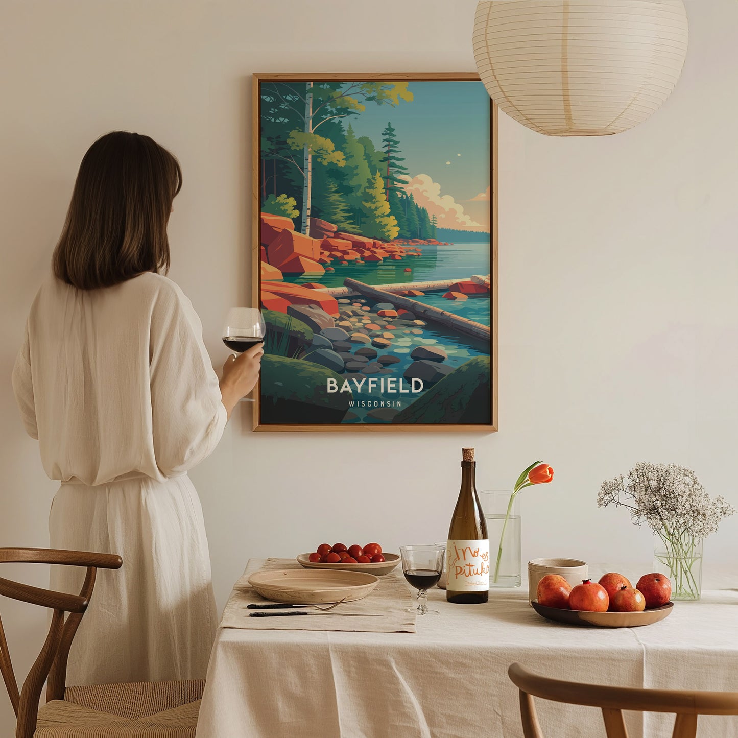 Bayfield, Wisconsin Poster | Lakeside Harbor & Sailboat Travel Wall Art — styled in a modern interior