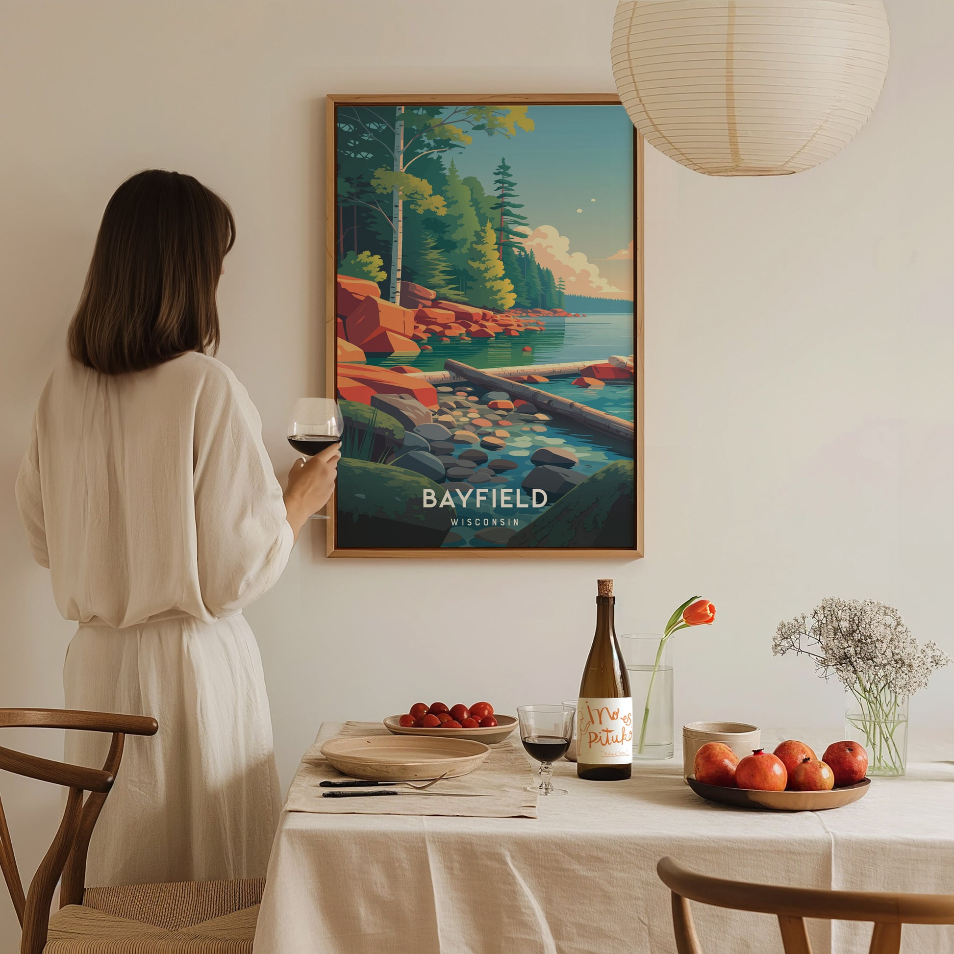 Bayfield, Wisconsin Poster | Lakeside Harbor & Sailboat Travel Wall Art — styled in a modern interior