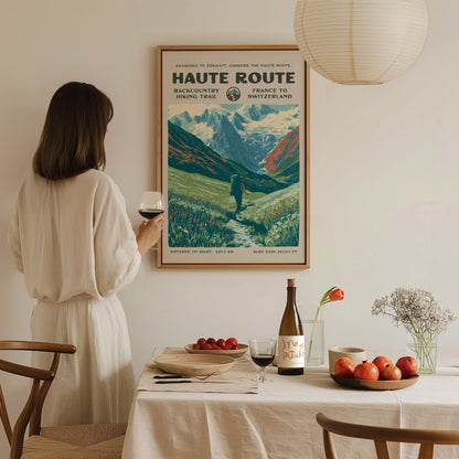 Haute Route, France to Switzerland Poster | Hiker Gift | Alpine Backcountry Trail Wall Art — styled in a modern interior