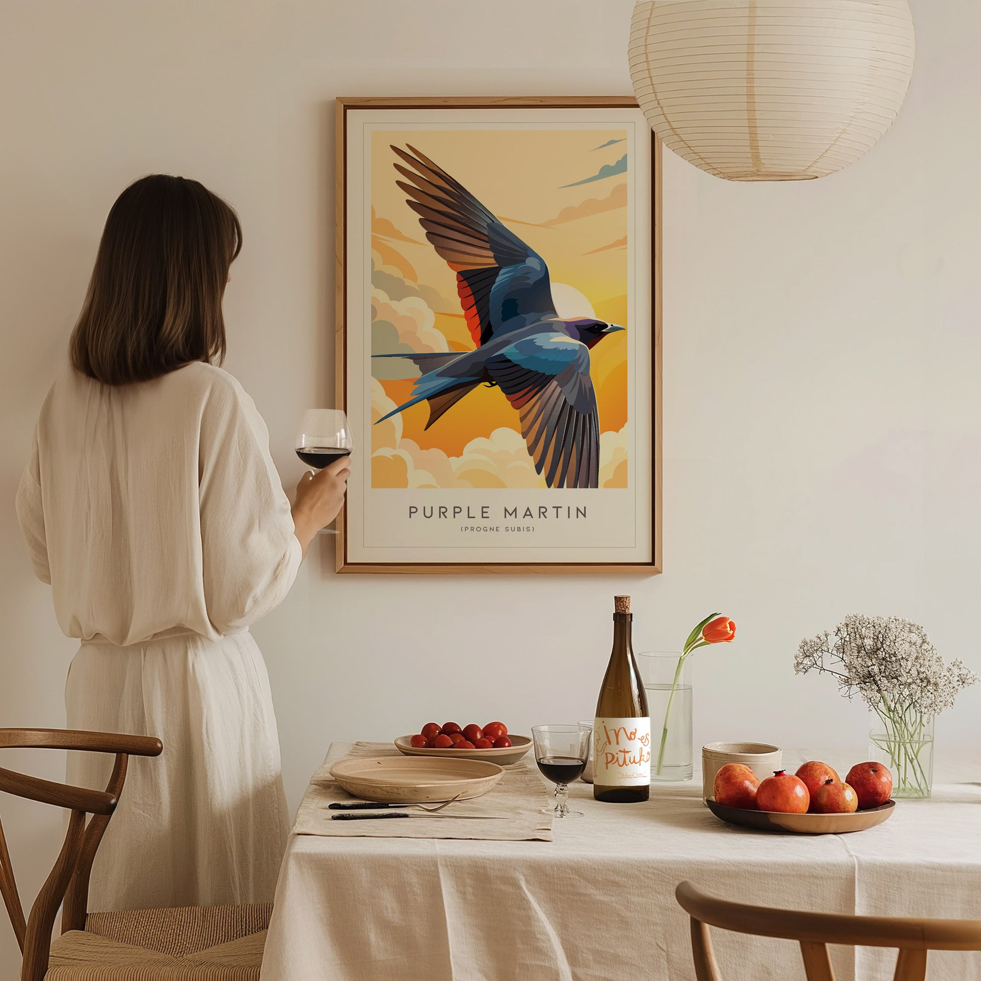 Purple Martin Poster | Graceful Songbird in Golden Light Wall Art — styled in a modern interior