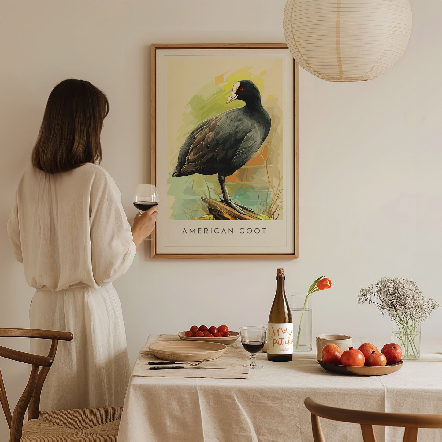American Coot Poster | Waterbird on a Quiet Marsh Wall Art — styled in a modern interior