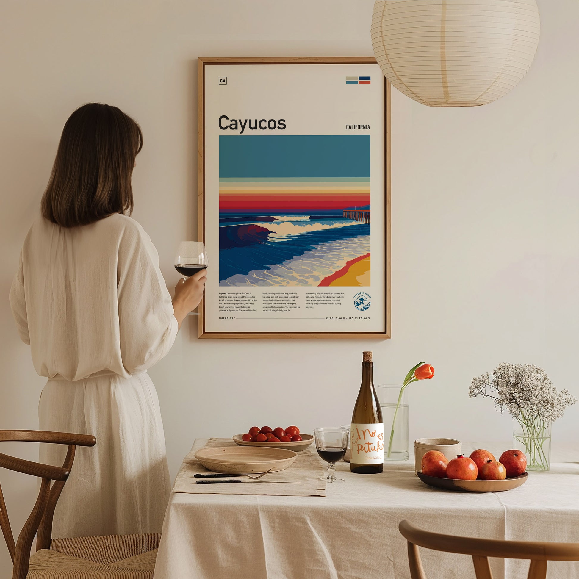 Cayucos, California Poster | Sun-Soaked Surf Town Coastal Wall Art — styled in a modern interior